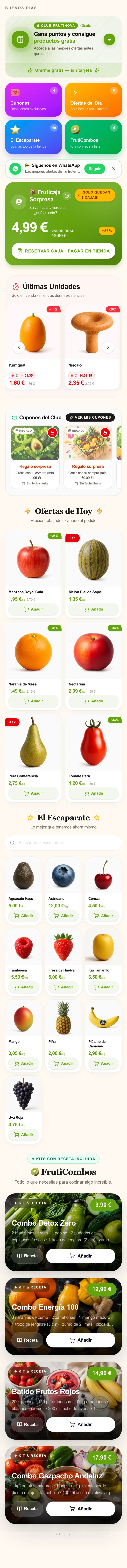 La portada de una frutería en FrutiNova: ofertas del día, cupones, caja sorpresa, combos y club de puntos